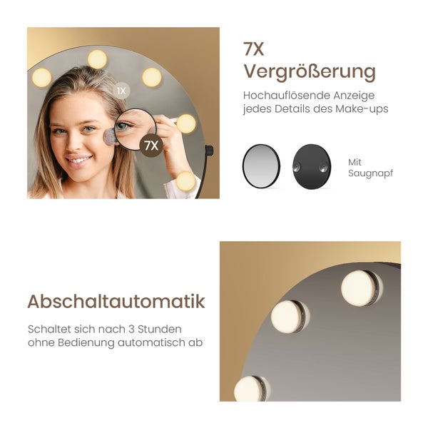 Kosmetikspiegel mit LED Beleuchtung siebenfacher Vergrößerung und automatischer Abschaltung nach drei Stunden inklusive Saugknopf Befestigung.