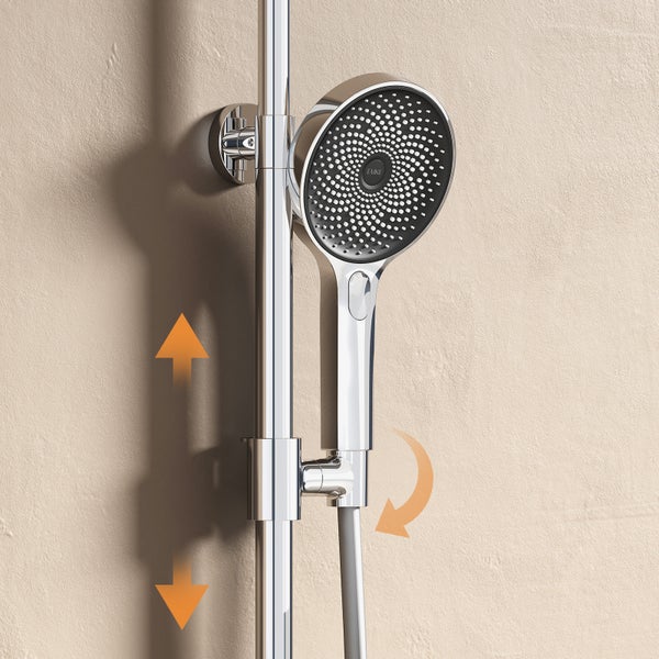 EMKE Duschsystem mit Thermostat, 355x400x1100 mm Regendusche & Handbrause mit 3 Strahlarten, höhenverstellbare 1100 mm Brausestange, 355 mm Auslauf, 1,5 m Schlauch, Chrom, Duscharmatur