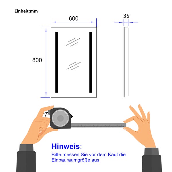 Technische Zeichnung eines Spiegels mit LED-Beleuchtung, Maße: 800 x 600 x 35 Millimeter