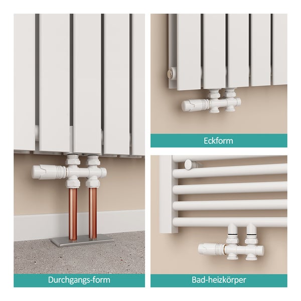 Verschiedene Heizkörperanschlüsse für Heizkörper dargestellt.