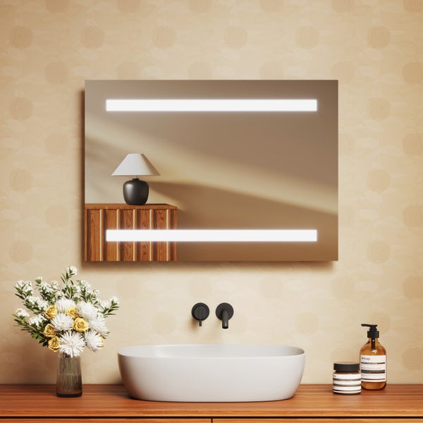 EMKE Badspiegel mit Beleuchtung 70x50 cm, Kaltweiß, Wandanschluss, IP44, integrierter LED Spiegel, HD-Spiegelfläche, horizontal & vertikal montierbar, für Bad