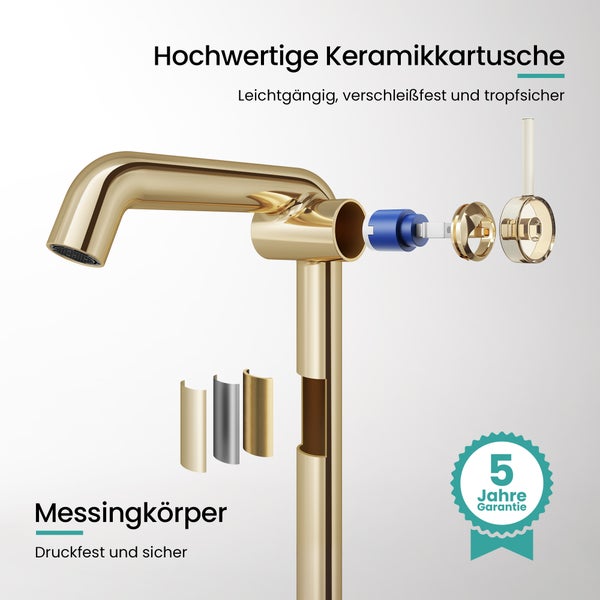 EMKE Einhebel-Waschtischarmatur, Badarmaturen, Waschbecken Armatur - Schweizer Design，G3/8, Wassersparend, Korrosionsschutz, Warm- & Kaltwasser, Bleifreies Messing,332x220x76mm,Champagnergold