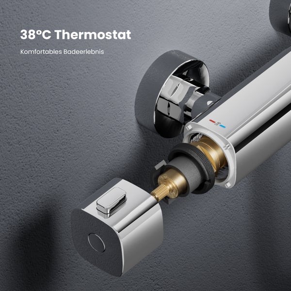 EMKE Duschsystem mit Thermostat, 2 Auslassarten, Regendusche und Handbrause mit 3 Strahlarten, Chrom, 30 cm Armatur, 1,5 m Schlauch, KTW, Höhe: 120 cm