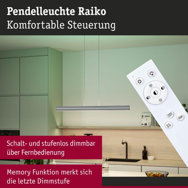 Moderne Pendelleuchte Raiko in einer Küche, steuerbar per Fernbedienung mit stufenloser Dimmfunktion und Memory-Funktion.