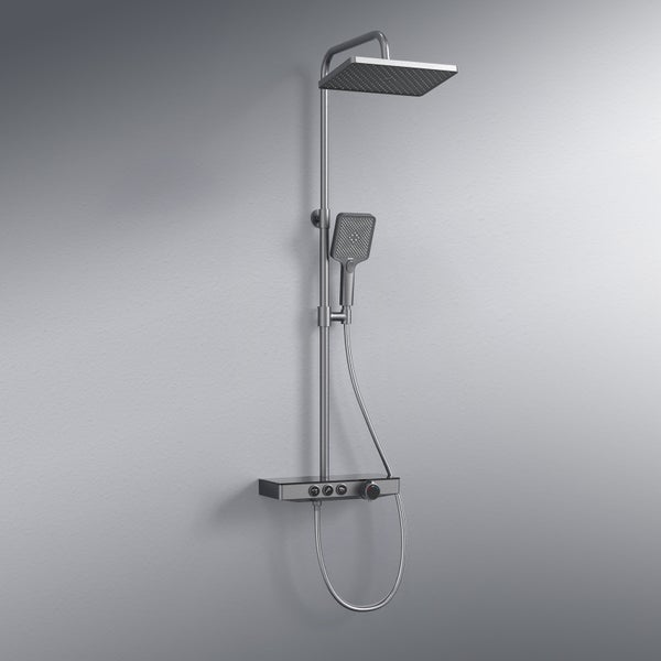 EMKE Duschsystem mit Thermostat, Regendusche & Handbrause mit 3 Strahlarten, Glasablage, Verbrühungsschutz, KTW-zertifiziert, Wandmontage, Anthrazit Matt