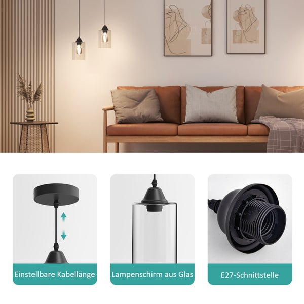 EMKE Pendelleuchte Kyle 12x12 cm, Modern Pendellampe für E27, 1-flammige Hängeleuchte Glas im Kronleuchter Design, 125 cm Kabel, IP20, für Esstisch, Wohnzimmer