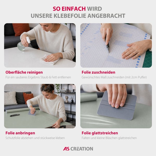 Vierschrittige Anleitung zur Anbringung von AS Creation Klebefolie: Oberfläche reinigen, Folie zuschneiden, Folie anbringen und glattstreichen.