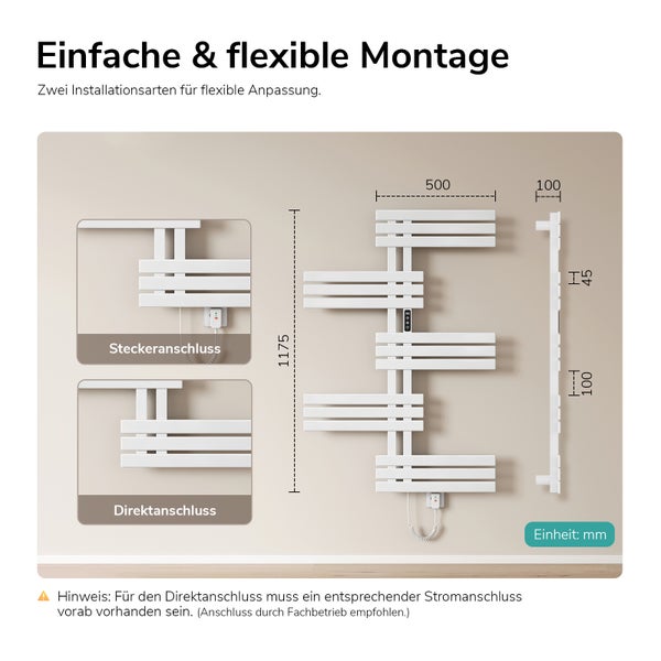Installationsübersicht für elektrischen Handtuchheizkörper mit Stecker- oder Direktanschluss und Maßangaben in Millimetern.