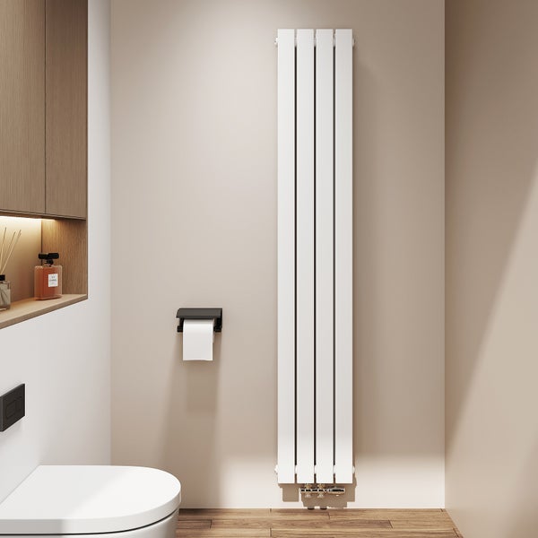 Badezimmer mit Heizkörper, Toilette und Toilettenpapierhalter