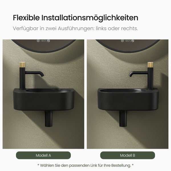EMKE Hängewaschbecken für Ecke 400 x 215 mm, kleines rechteckiges Keramik, Wandwaschbecken, mit Hahnloch rechts, Höhe 12 cm, Schwarz, Perfekt für Badezimmer und Gäste-WC, leicht zu reinigen