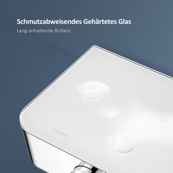 EMKE Duschsystem mit Thermostat, Wasserfall-Überkopfbrause, Handbrause 3 Strahlarten, Glasablage, 38 °C, KTW-zertifiziert, 1142×303×460 mm, Chrom