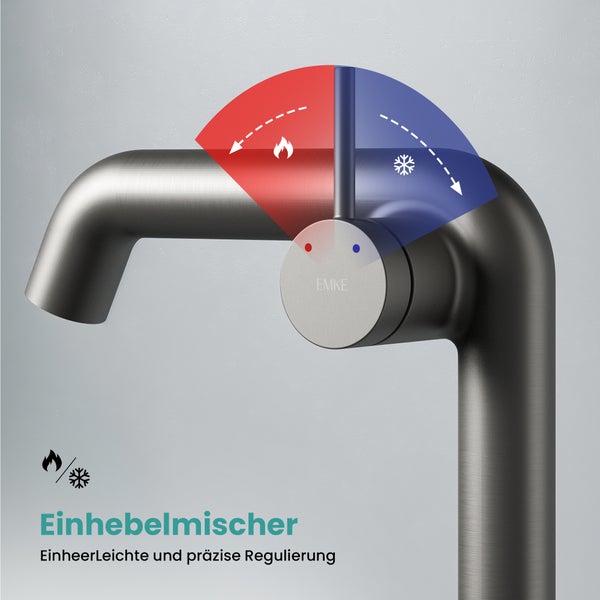 EMKE Einhebel-Waschtischarmatur, Badarmaturen, Waschbecken Armatur - Schweizer Design, Minimalistisches Design，G3/9, Wassersparend, Korrosionsschutz, Warm- & Kaltwasser, Bleifreies Messing, Pflegeleicht, Anthrazit Matt