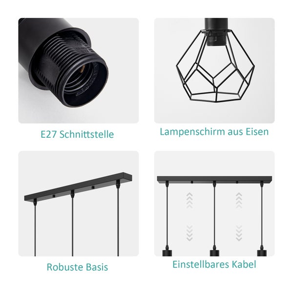 EMKE Retro Pendelleuchte Industrial 3-flammig, Metall Deckenlampe mit geometrischem Design, höhenverstellbar, E27 Fassung (ohne Leuchtmittel), ideal für Wohnzimmer