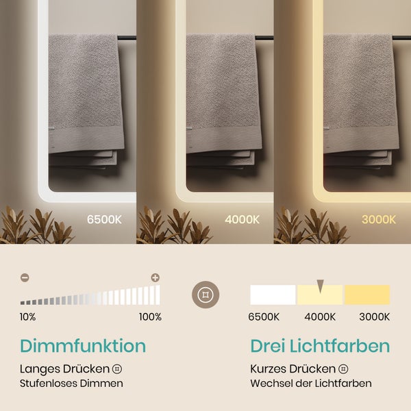 Dimmfunktion und drei Lichtfarben für Spiegel