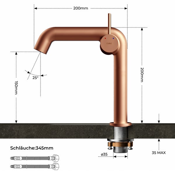 EMKE Einhebel-Waschtischarmatur, Badarmaturen, Waschbecken Armatur - Schweizer Design, Minimalistisches Design，G3/11, Wassersparend, Korrosionsschutz, Warm- & Kaltwasser, Bleifreies Messing, Pflegeleicht, Rosengold