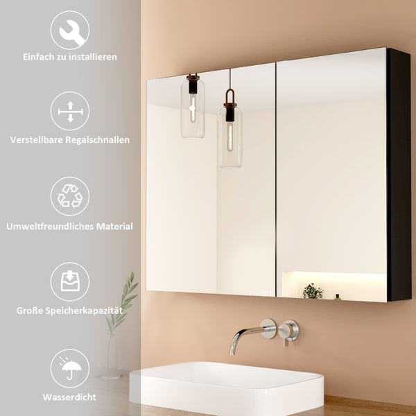 EMKE Spiegelschrank 85L x 65H x 14,5T cm, Badezimmerschrank Schwarz, 2-türig mit 3 mm kupferfreiem & rostfreiem Spiegelglas, 3 Ablagen, 105° Türöffnung, 304 Dämpfscharniere, großer Stauraum