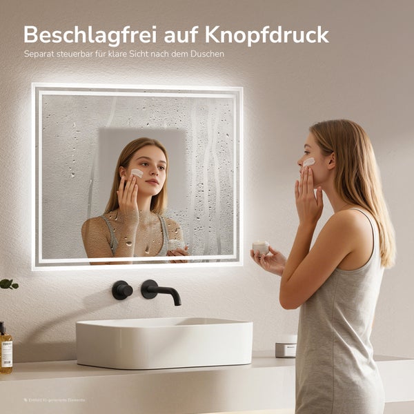 Beleuchteter Badezimmerspiegel mit integrierter Spiegelheizung für beschlagfreie Sicht in einem modernen Badezimmer mit Waschbecken