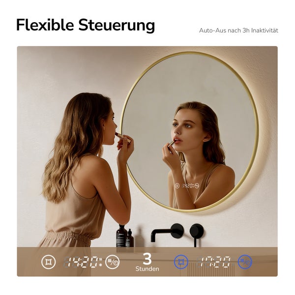 Runder Badezimmerspiegel mit Goldrahmen, LED-Beleuchtung, digitaler Uhrzeit und Touch-Steuerung, automatische Abschaltung nach 3 Stunden.