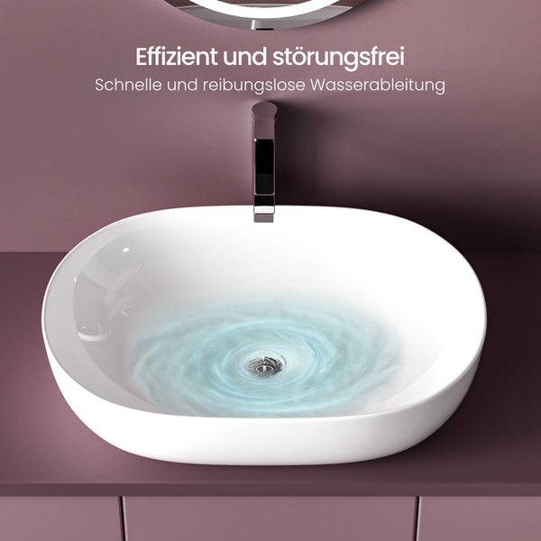 EMKE Aufsatzwaschbecken, Ovales Waschbecken 600 x 415 mm, Glänzend Weiß, Keramik, Ohne Hahnloch, Pflegeleicht, Antibakteriell & Feuchtigkeitsbeständig, Für Bad & WC, Höhe 146 mm