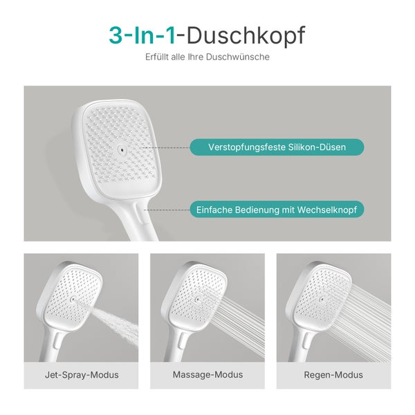 3-in-1 Duschkopf mit verschiedenen Strahlarten: Jet-Spray, Massage und Regen