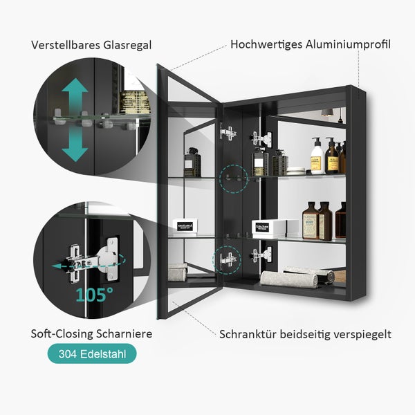 Spiegelschrank mit verstellbaren Glasregalen, Aluminiumprofil, Soft-Close-Scharnieren aus Edelstahl und beidseitig verspiegelter Schranktür