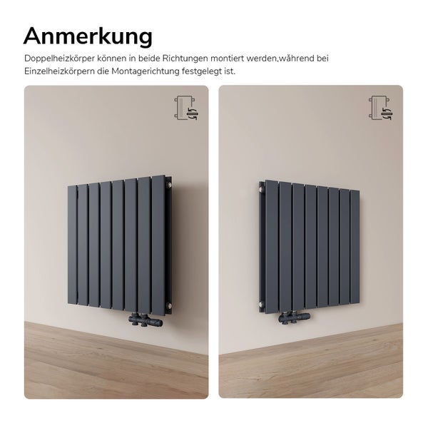 Grauer Heizkörper zur Wandmontage in zwei Installationsrichtungen