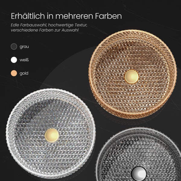 EMKE Aufsatzwaschbecken Ø36 cm, Crystal Glass, Rundes Waschbecken, Roségold, Höhe 112 mm, Elektroplattiertes Design, Ohne Hahnloch, Modernes Badezimmer Waschtisch