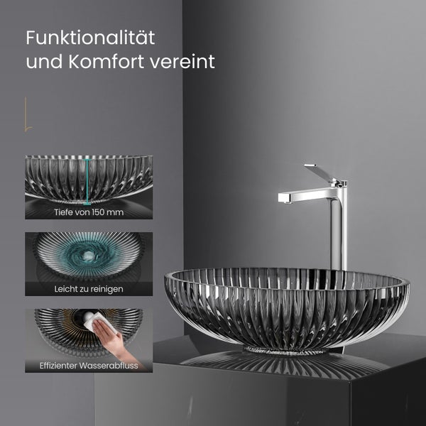 Aufsatzwaschbecken aus Glas mit Armatur und den Hinweisen Tiefe von 150 Millimeter, Leicht zu reinigen, Effizienter Wasserabfluss