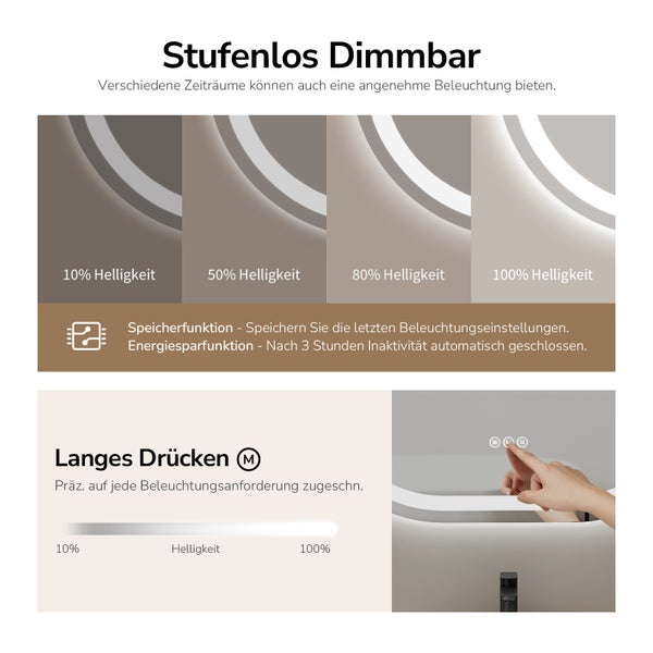 Produktbild zur stufenlosen Dimmbarkeit und Energiesparfunktion eines Spiegels