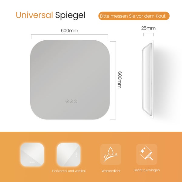 EMKE LED Badspiegel 60 x 60 cm, rahmenloses Design, 3 Farbtemperaturen & Helligkeit einstellbar, mit Memory-Funktion, horizontal montierbar, IP44, für Bad