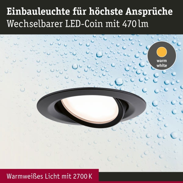 LED Einbauleuchte Nova Plus Coin Einzelleuchte schwenkbar IP65 rund 93mm 30° Coin 6W 470lm 230V dimmbar 2700K Schwarz matt