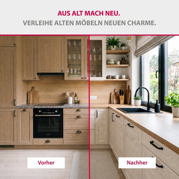 Vorher-Nachher-Vergleich einer Küchenrenovierung: Rustikale Holzfronten weichen einem hellen, modernen Design mit schwarzen Griffen und neuer Spüle.