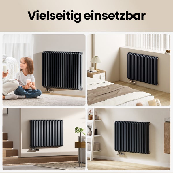 Collage zeigt Heizkörper in verschiedenen Wohnbereichen, geeignet für vielfältige Einsatzmöglichkeiten.