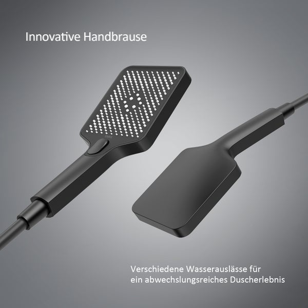 EMKE Duschsystem mit Thermostat, Duscharmatur Komplettset, 36 cm eckige Regendusche, 3 Wasserauslässe, Handbrause mit 3 Strahlarten, KTW-zertifiziert, 71 cm Ablagearmatur, 1,5 m Brauseschlauch, Matt Schwarz