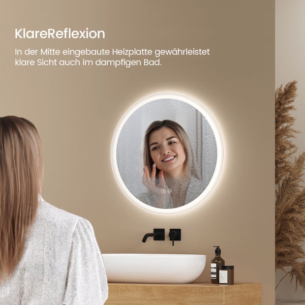 EMKE Badspiegel mit Beleuchtung LED-Spiegel mit Touchschalter ф60cm,  rund, Anti-Beschlag, 3 dimmbare Lichtfarben