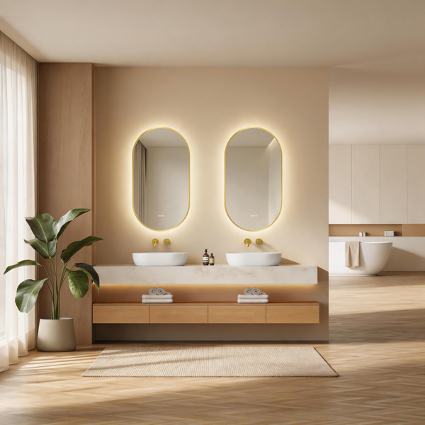 Modernes Badezimmer mit Doppelwaschtisch, zwei ovalen beleuchteten Spiegeln, Holzelementen und freistehender Badewanne in hell erleuchtetem Raum.