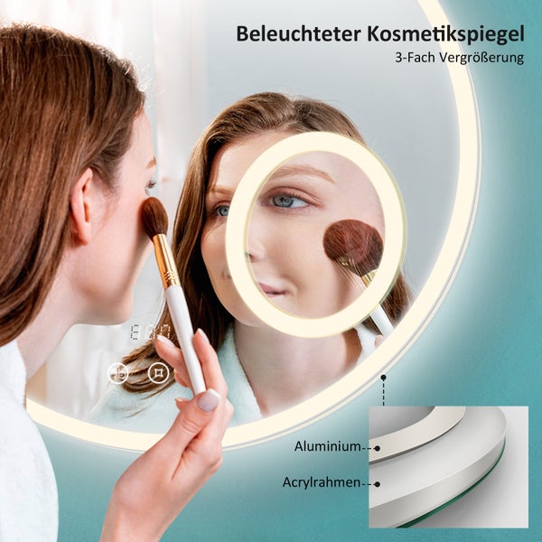 EMKE LED Badspiegel Ø60 cm, 4300K Neutralweiß, Antibeschlag, Touchschalter, dimmbar, Uhranzeige, mattierte Spiegelkante, IP44, horizontal montierbar, für Badezimmer