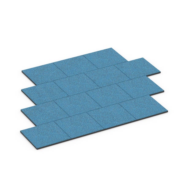 Blaue Fallschutzmatten aus Gummigranulat, quadratisch, im Versatz verlegt.