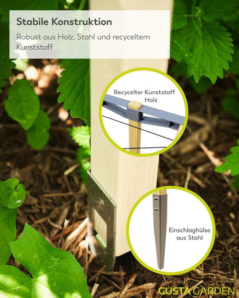 Stabile Gartenkonstruktion von Gusta Garden aus Holz, Stahl und recyceltem Kunststoff mit Einschlaghülse aus Stahl.