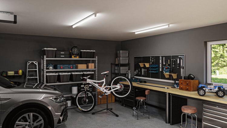Garage mit Werkbank, Regalen, Fahrrad, Auto und Werkzeugen