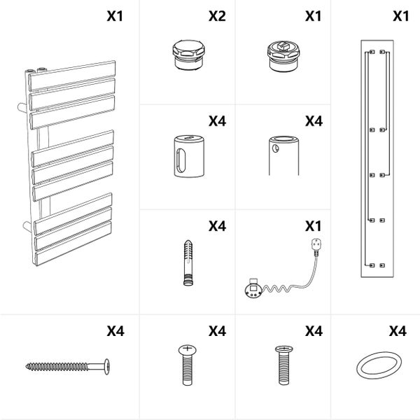 Abbildung des Zubehörs für einen Heizkörper inklusive Schrauben, Dübel, Steuerungseinheit und Befestigungsmaterial