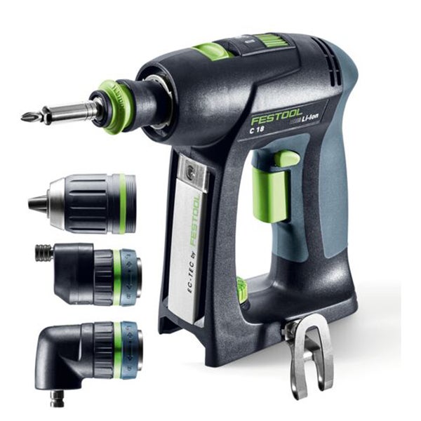 Festool Akku Bohrschrauber C 18 mit Schnellwechselvorsätzen für vielseitige Anwendungen.