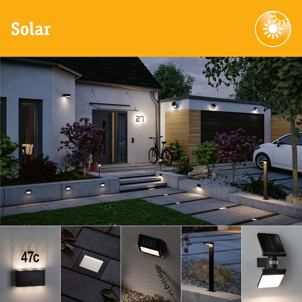 Szene mit verschiedenen Solarleuchten in einem Garten und an einem Haus