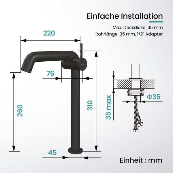 EMKE Einhebel-Waschtischarmatur, Badarmaturen, Waschbecken Armatur - Schweizer Design，G3/8, Wassersparend, Korrosionsschutz, Warm- & Kaltwasser, Bleifreies Messing,332x220x76mm,Shwarz Matt