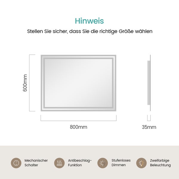 EMKE Badspiegel mit Beleuchtung 80 x 60 cm, Warmweiß/Kaltweiß, seitlicher Kippschalter, beschlagfrei, Aluminiumrahmen, IP44, für Badezimmer