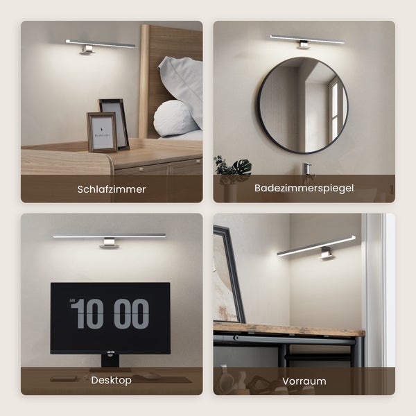 Vier Anwendungsbeispiele einer LED-Wandleuchte in Schlafzimmer, Badezimmer, am Schreibtisch und im Vorraum.