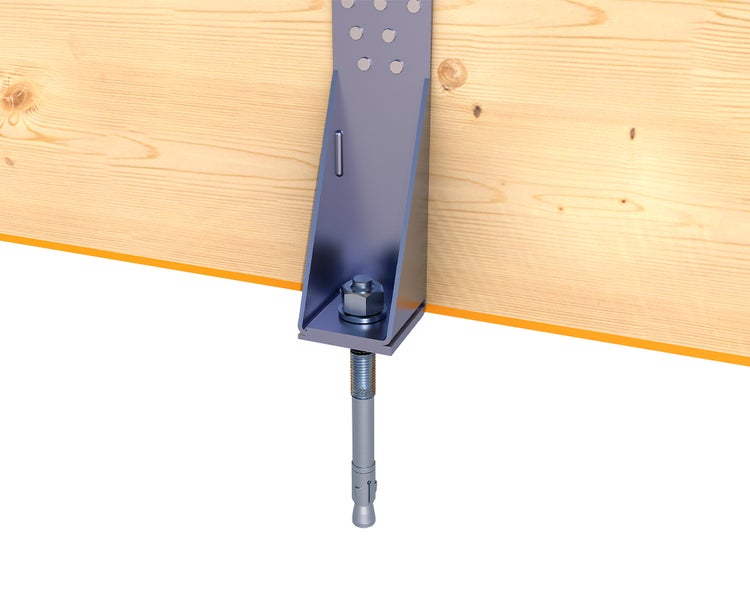 Balkenschuh aus Metall mit Ankerbolzen an einem Holzbalken befestigt