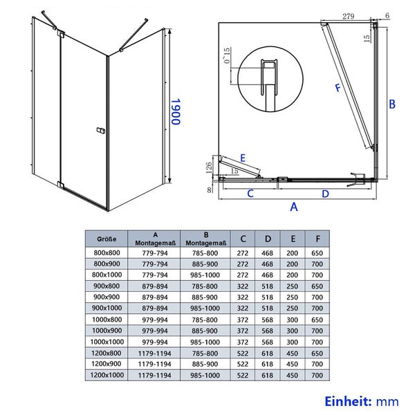 EMKE Eckdusche Eckeinstieg Pendeltür Duschkabine mit Flach-Scharnieren und Seitenwand, 120x90 cm, 8 mm ESG Sicherheitsglas, Höhe: 190 cm, Schwarz