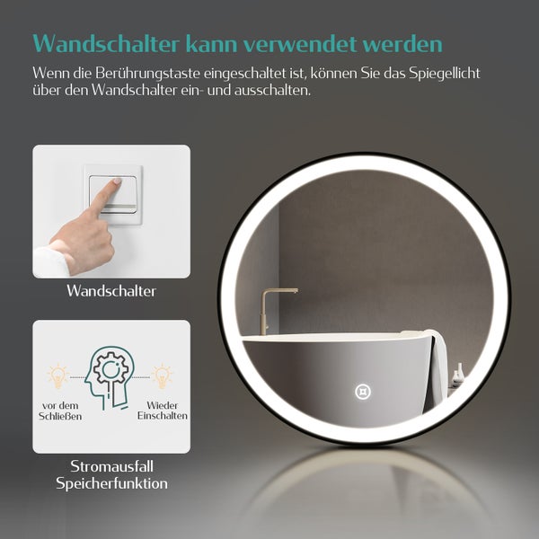 EMKE Badspiegel mit Beleuchtung Ø60 cm, Kaltweiß, Helligkeit einstellbar, Anti-Beschlag, Touchschalter, schwarzer Rahmen mit Deko-Aufhängung, IP44, Wandmontage, für Bad