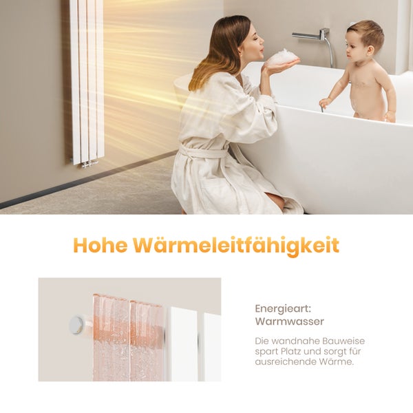 EMKE Designheizkörper 180×30 cm, Flachheizkörper, Vertikal, Einlagig, Mittelanschluss, 627 W, Weiß, für Badezimmer